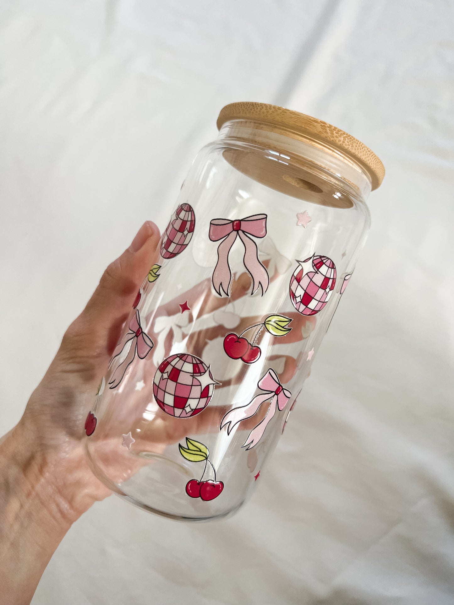 Retro Cherries, Bows and Disco Balls Glass Cup