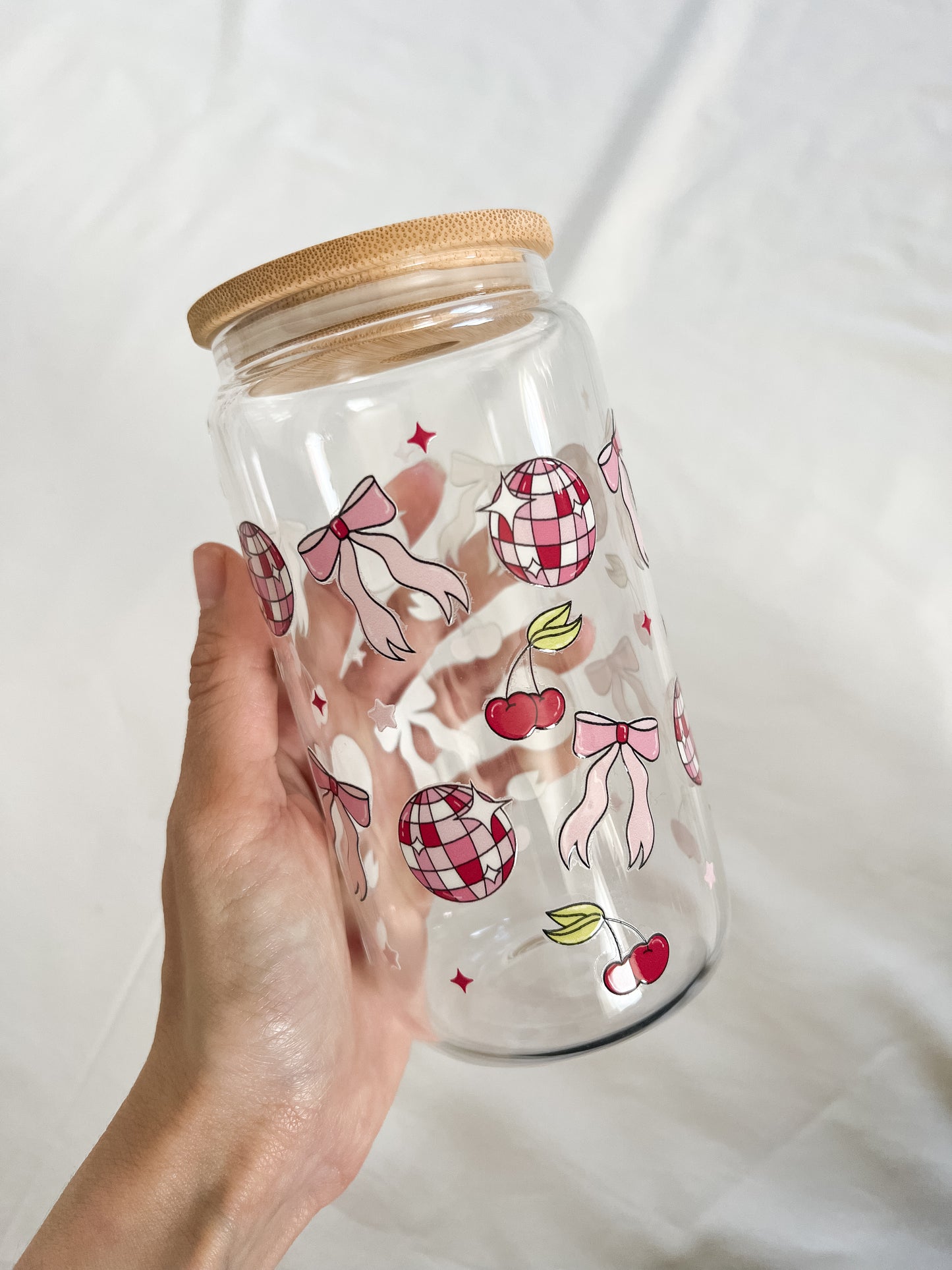 Retro Cherries, Bows and Disco Balls Glass Cup