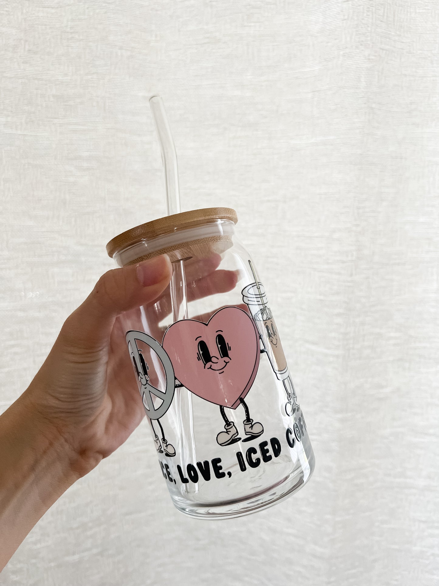 Peace, Love, Iced Coffee Glass Can Cup