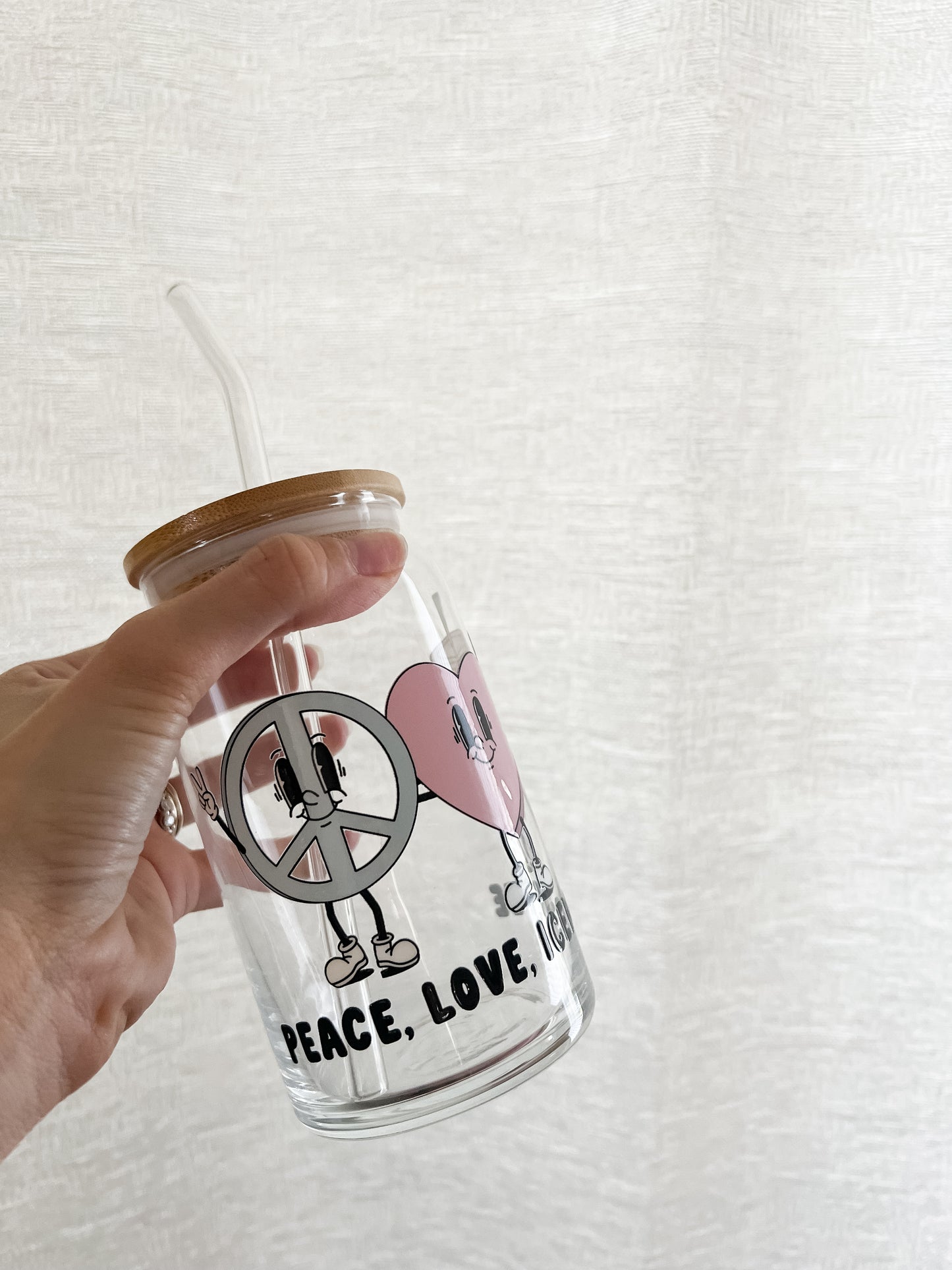 Peace, Love, Iced Coffee Glass Can Cup