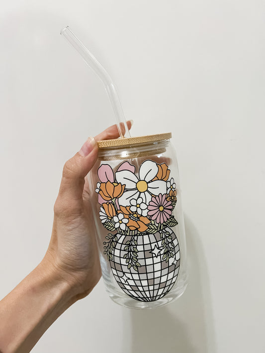 Floral Disco Ball Glass Can Cup