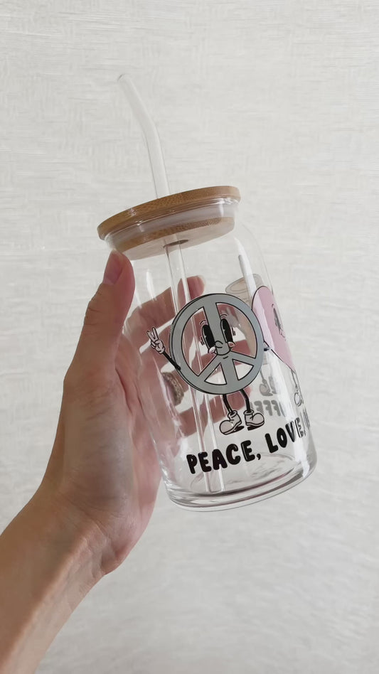 Peace, Love, Iced Coffee Glass Can Cup